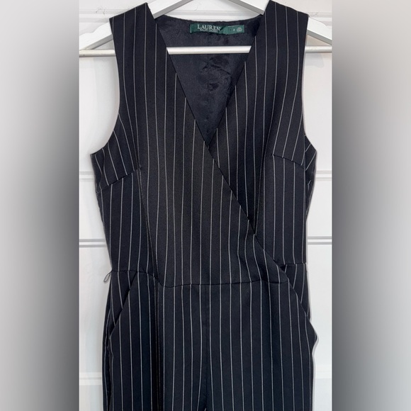 Lauren Ralph Lauren Black/White Pinstripe Wide Leg Jumpsuit Sleeveless V-Neck 2 - Picture 2 of 12